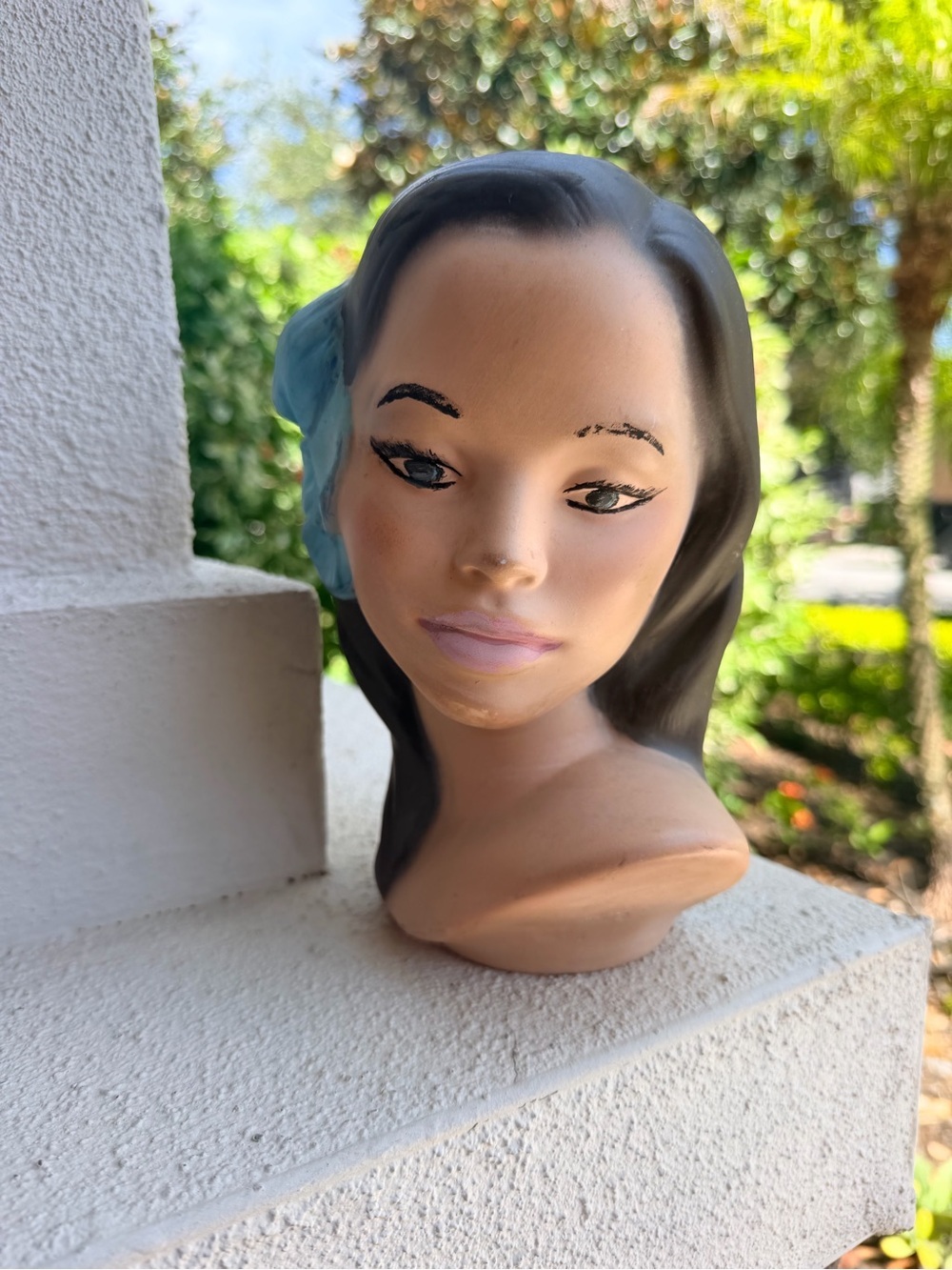 Vintage Ceramic Lady Head Bust Figurine Blue Flower Mid Century Retro Decor